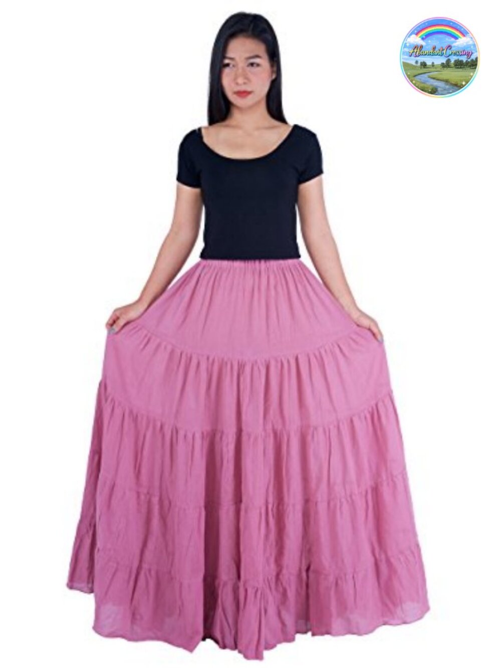 100% Cotton Ruffle Hem Maxi Skirt Elastic Waist Handmade